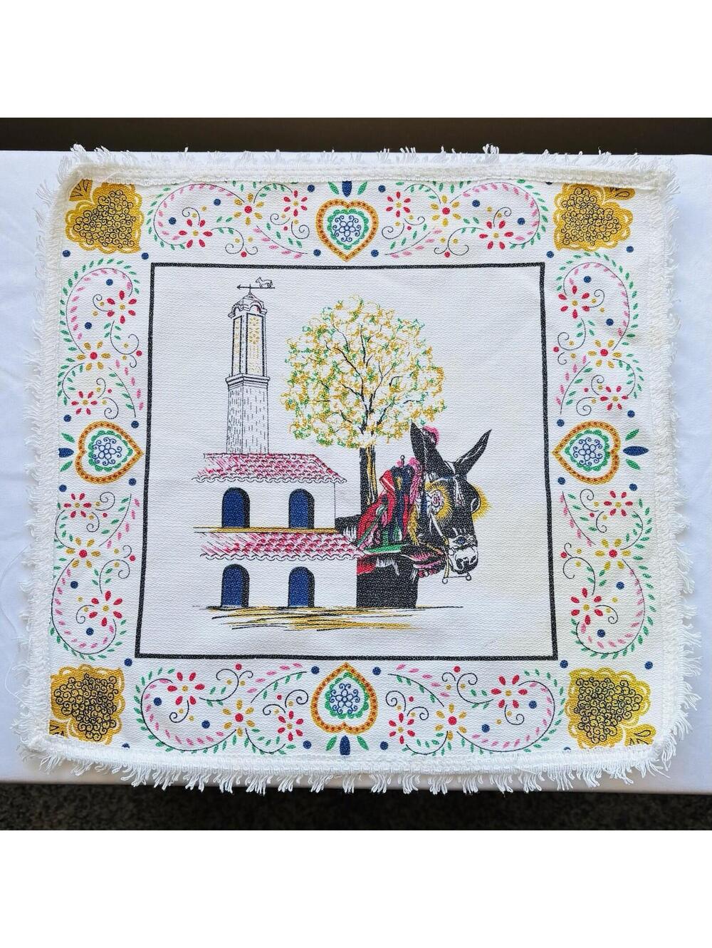 Vintage Linen Folk Art Placemat Donkey‎ Church Scandinavian Fringe
